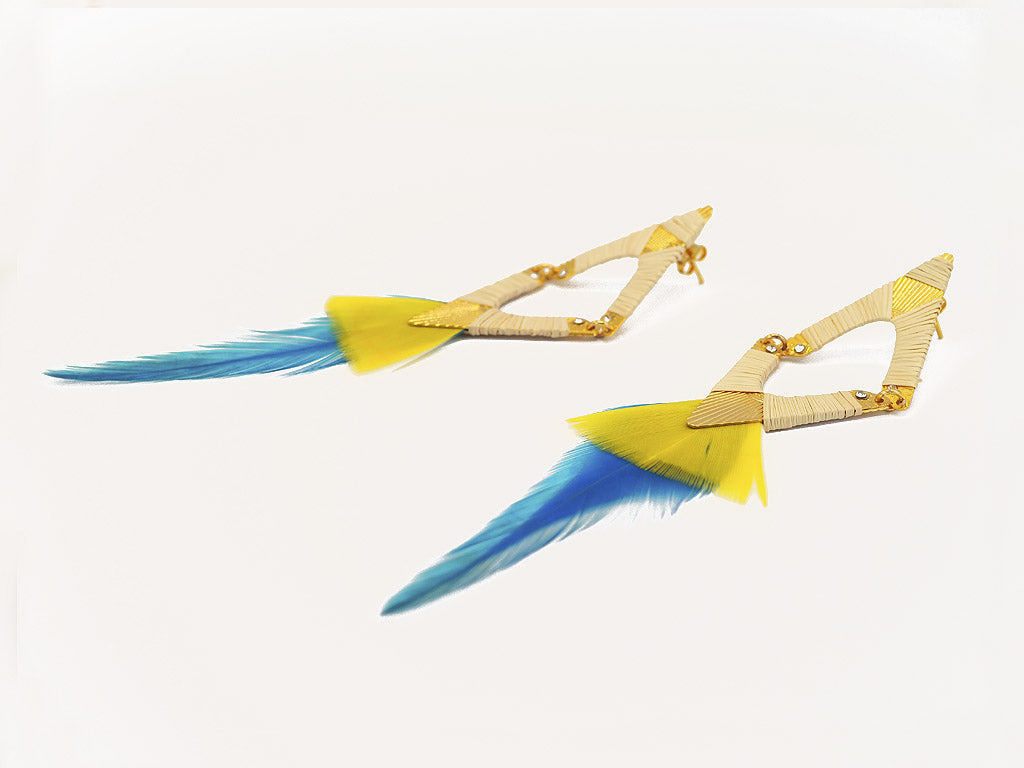 Pendientes plumas naturales azul y amarillo