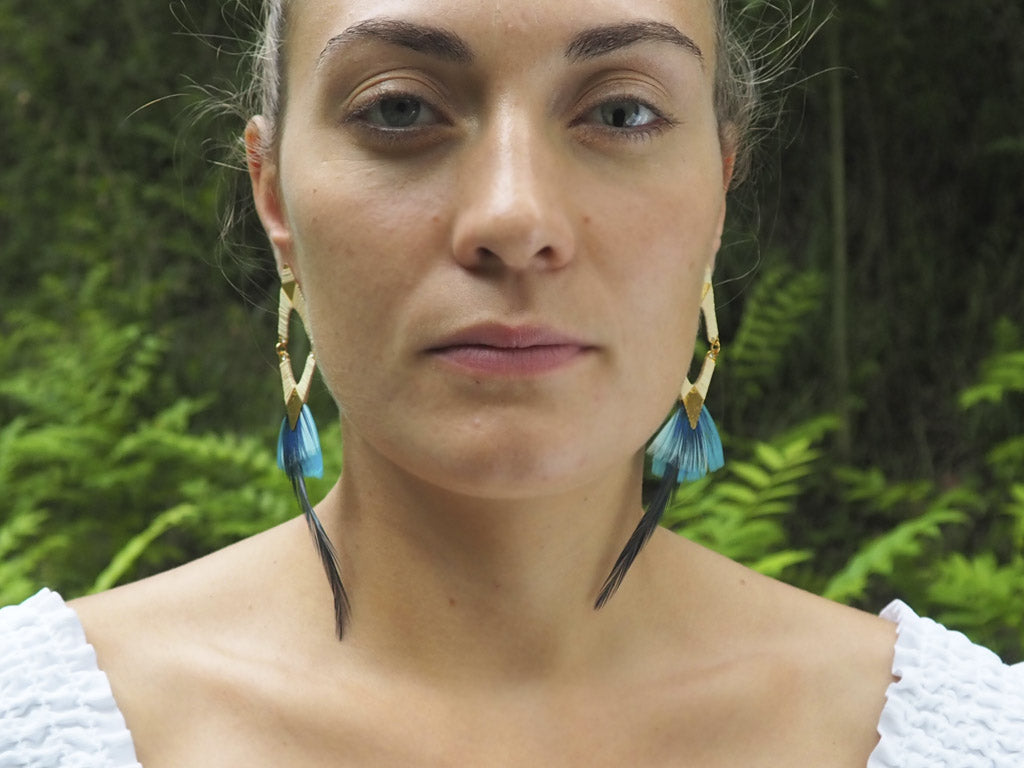 Pendientes plumas naturales azul y amarillo