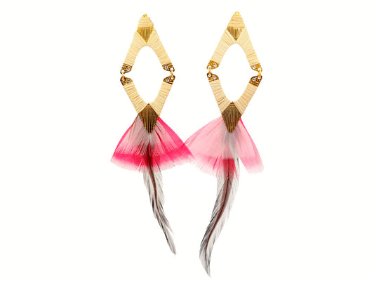 Pendientes plumas naturales fucsia, blanco y marrón