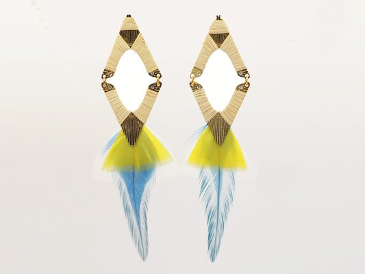 Pendientes plumas naturales azul y amarillo