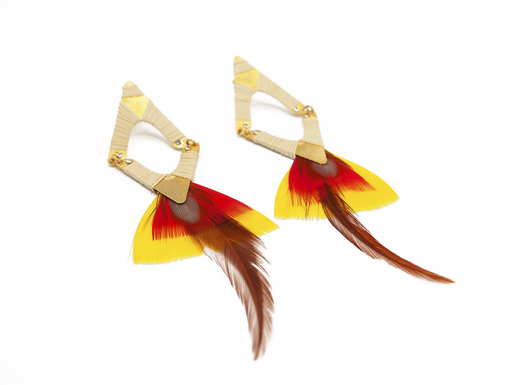 Pendientes plumas naturales rojo y amarillo