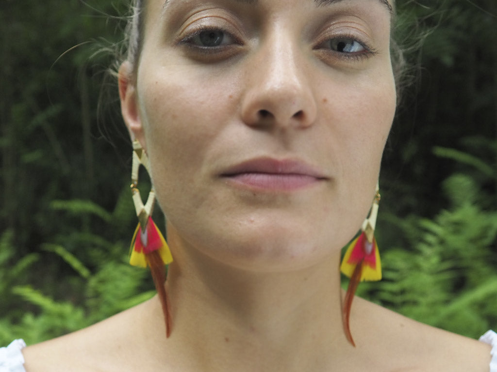 Pendientes plumas naturales rojo y amarillo
