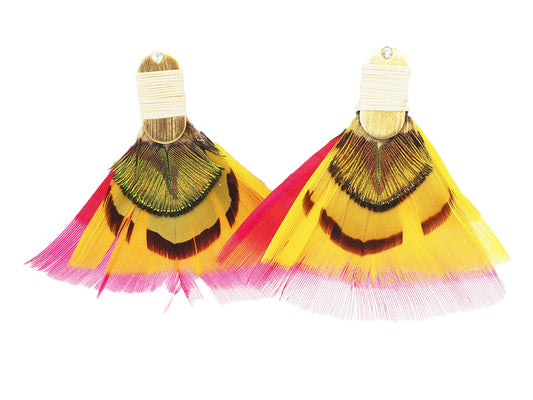 Pendientes plumas naturales magenta y amarillo