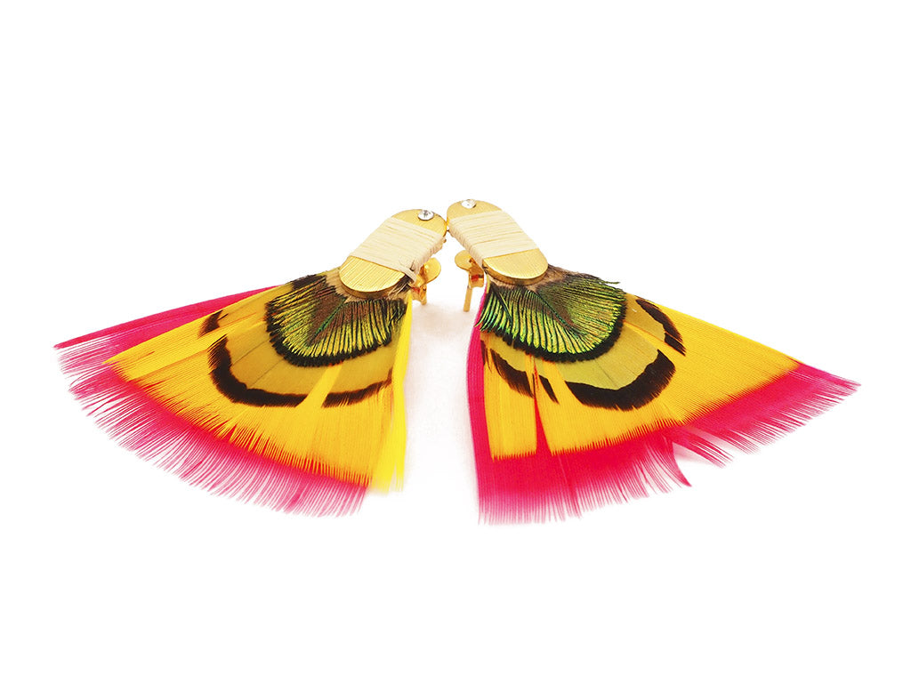 Pendientes plumas naturales magenta y amarillo