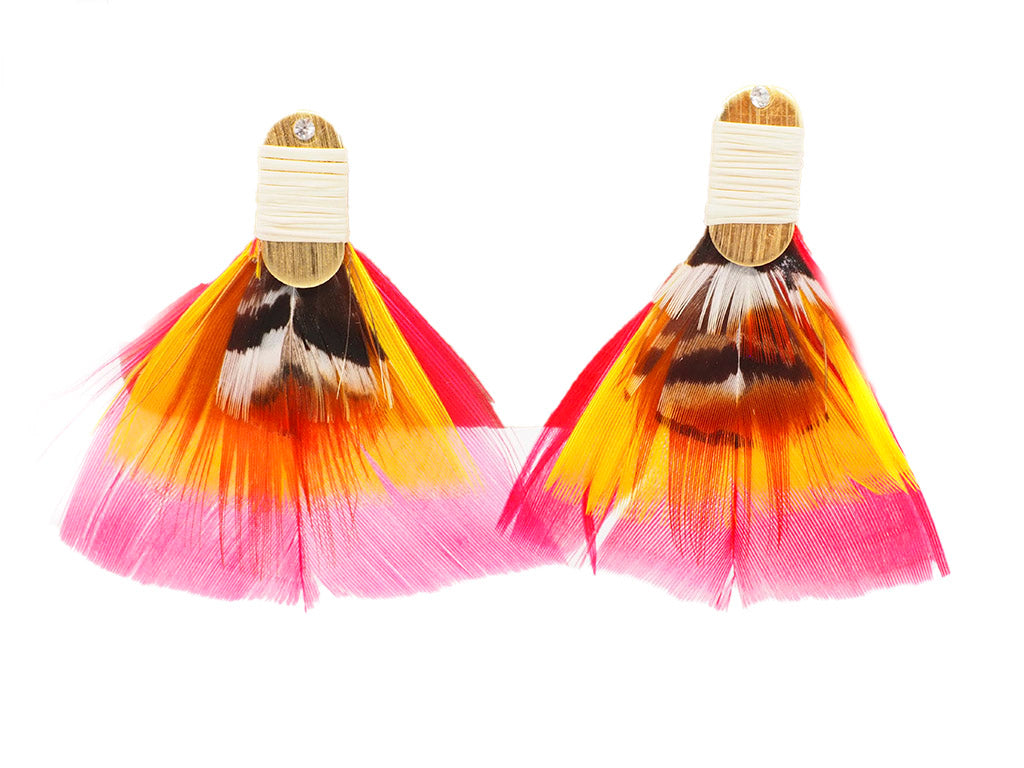 Pendientes plumas naturales de faisán, fucsia y amarillo
