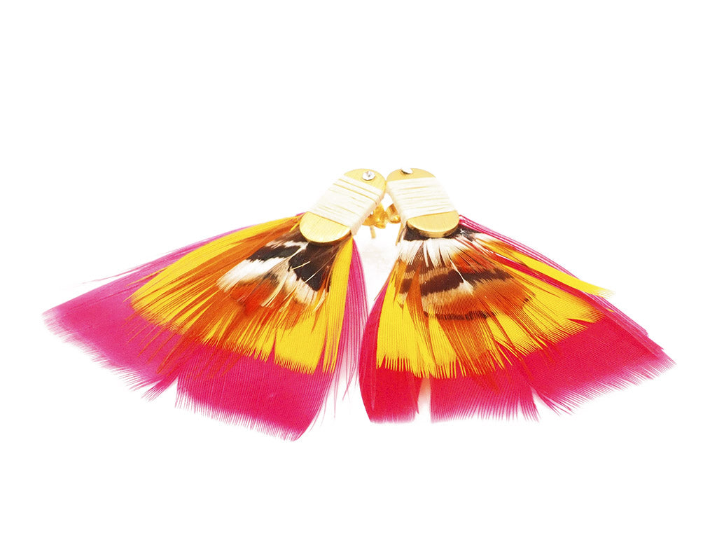 Pendientes plumas naturales de faisán, fucsia y amarillo