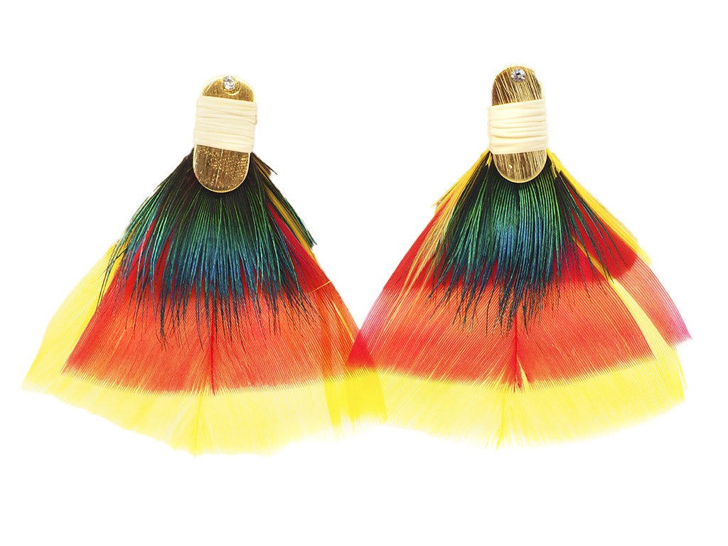 Pendientes plumas naturales pavo real, fucsia y amarillo