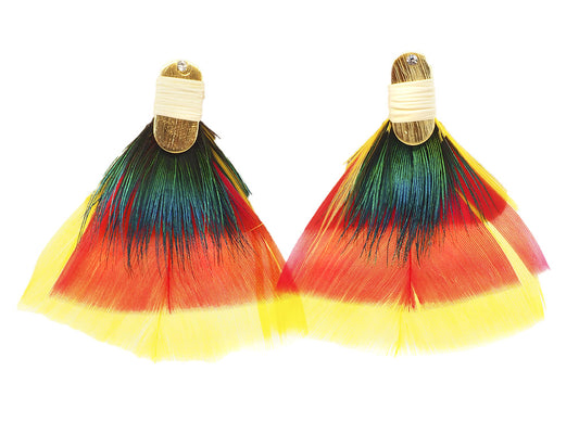 Pendientes plumas naturales pavo real, fucsia y amarillo